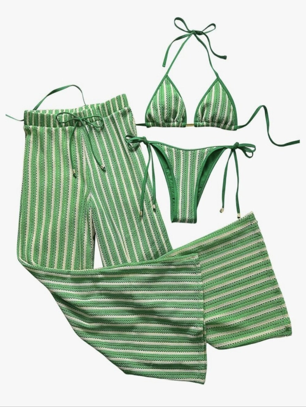 Verdusa Women's Cheeky Striped Crochet 3pc Bikini And Pants